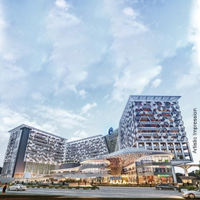 Nyati Enthral, a commercial building located in Kharadi Pune, displaying a large structure filled with windows